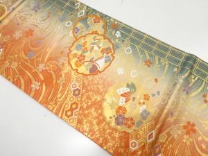 雪輪に鴛鴦・蝶・草花模様織り出し　袋帯